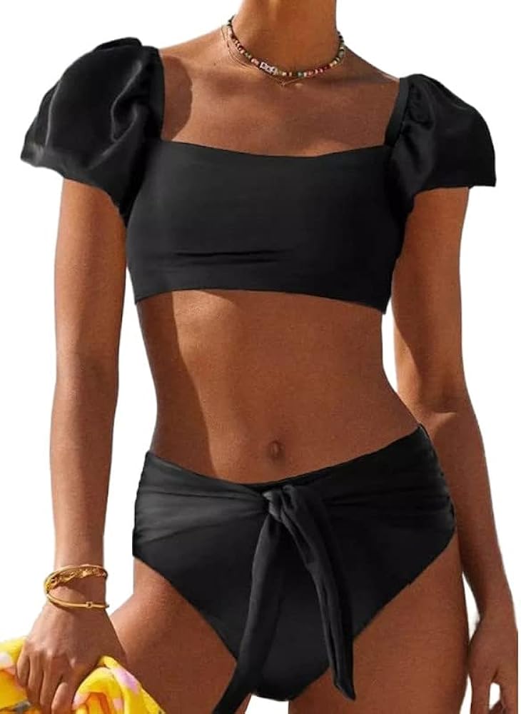 Dokotoo Womens 2024 Cute Solid Bubble Sleeves High Waisted Two Piece Bikini Swimsuit