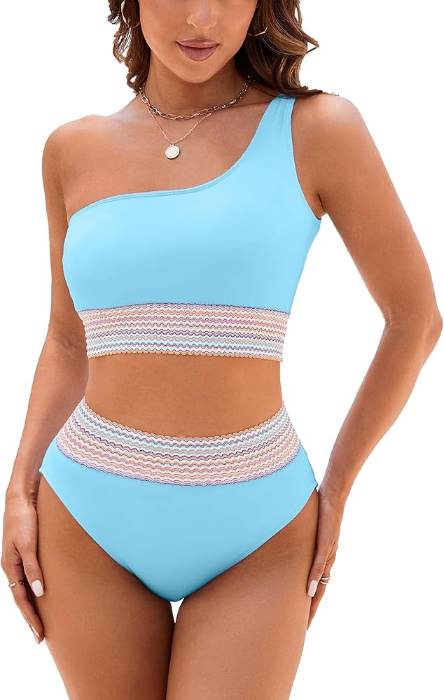 One Shoulder Swimsuits Womens High Waisted Bikini Sets 2 Piece Tummy Control Full Coverage Bathing Suits