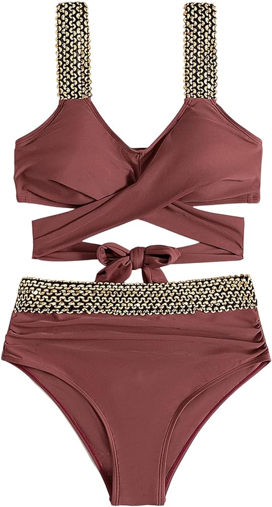 SweatyRocks Women's High Waisted Bikini Set Bathing Suit Criss Cross Two Piece Tie Back Bikini Swimsuit Set