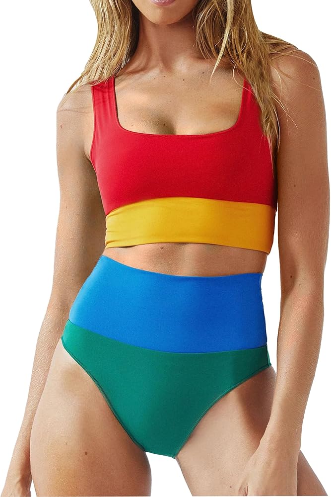 Womens High Waisted Bikini Set 2 Piece Color Block Swimsuits Sporty Full Coverage Bathing Suit Teens Girls