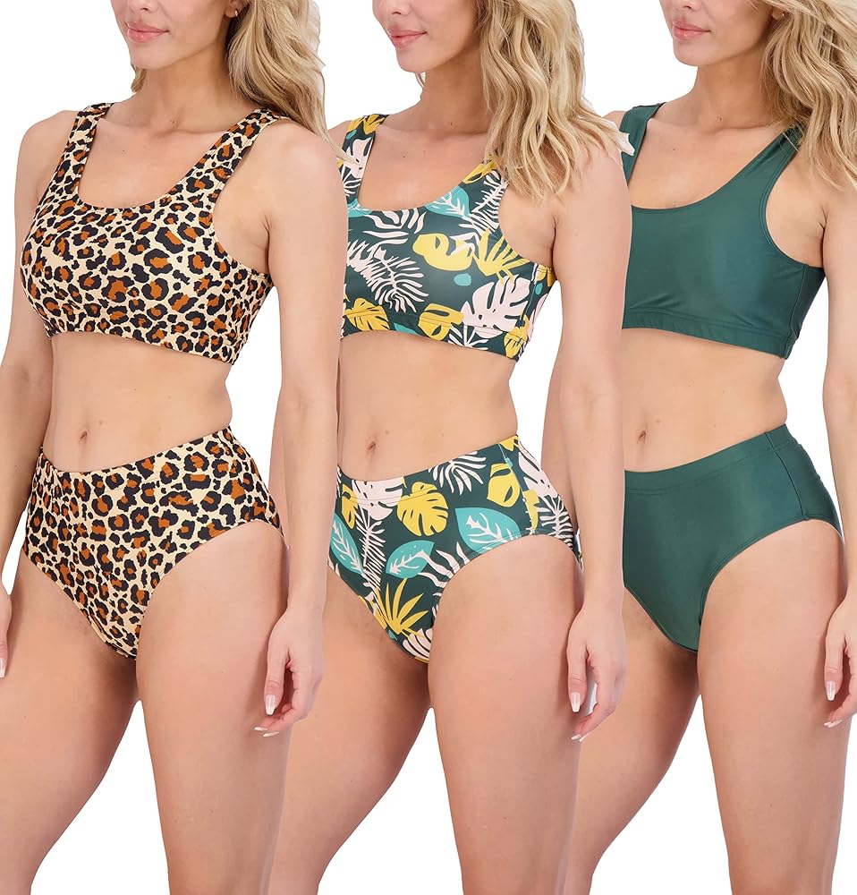 Real Essentials 3 Pack: Womens 2-Piece Bikini Modest Teen Adult Athletic Beach Swimsuit Tankini - Available in Plus Size