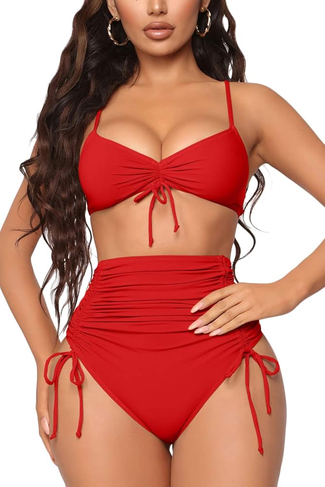 Meyeeka Women's Sexy Swimsuits Ruched High Waisted Two Piece Bathing Suit Bikini Set