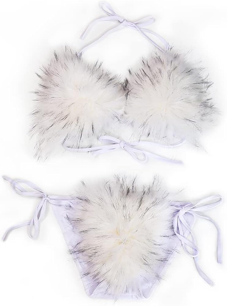 Women's Faux Fur Halter String Triangle Bikini Sets Two Piece Swimsuits