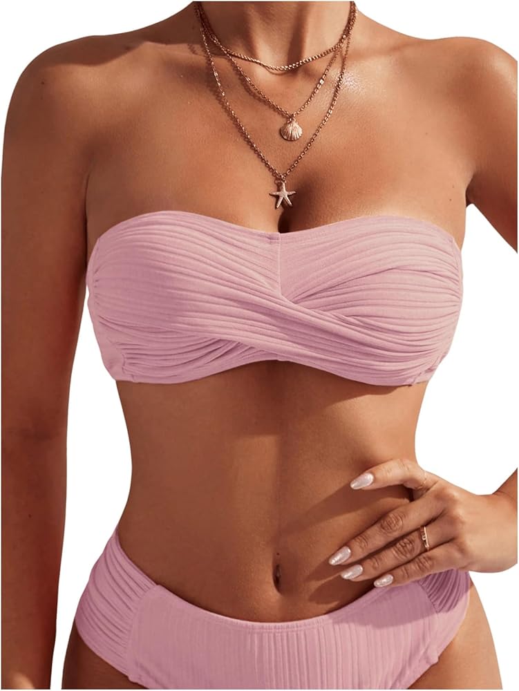 MakeMeChic Women's Twist Bandeau Solid Ruched Strapless Swimsuit Bikini Top