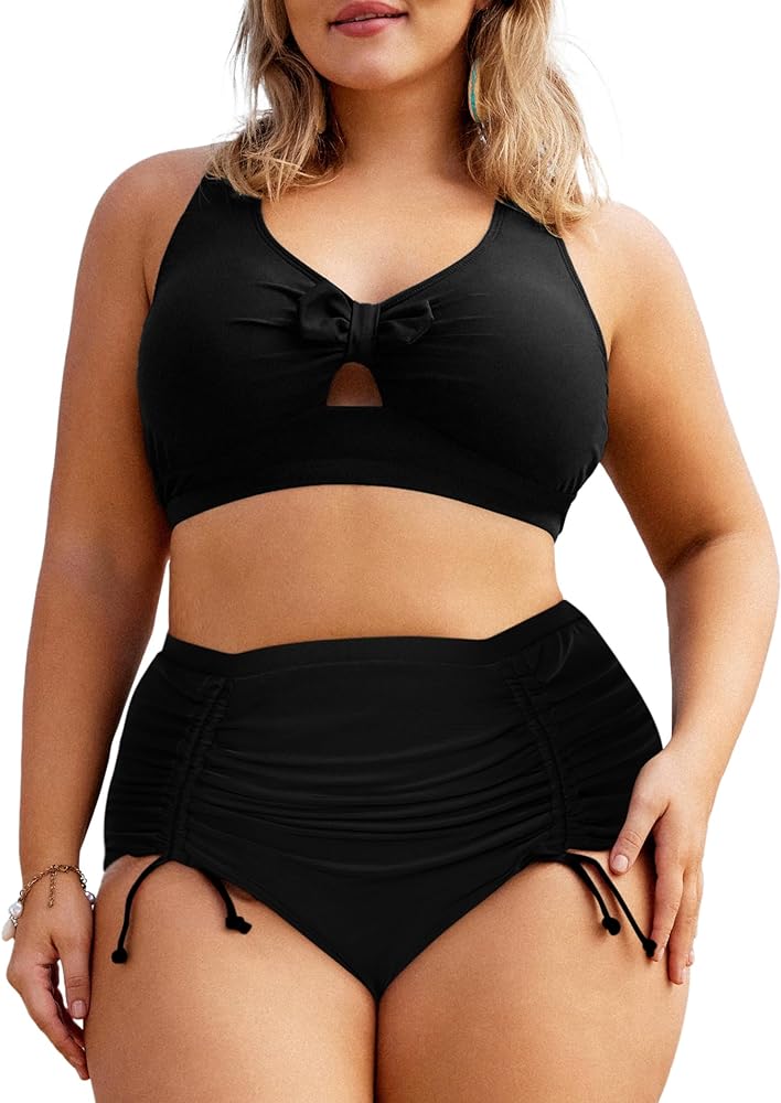 Hanna Nikole Women Plus Size Two Piece Swimsuit Sets Tie Knot Bikini Bathing Suit with Drawstring Ruched Bottom