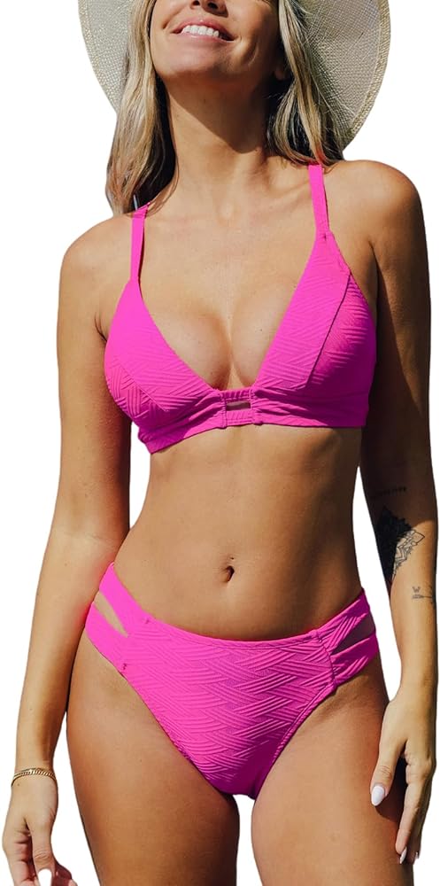 CUPSHE Women's Bikini Sets Two Piece Swimsuits Plunging Neck Adjustable Straps Textured Cutouts Cheeky