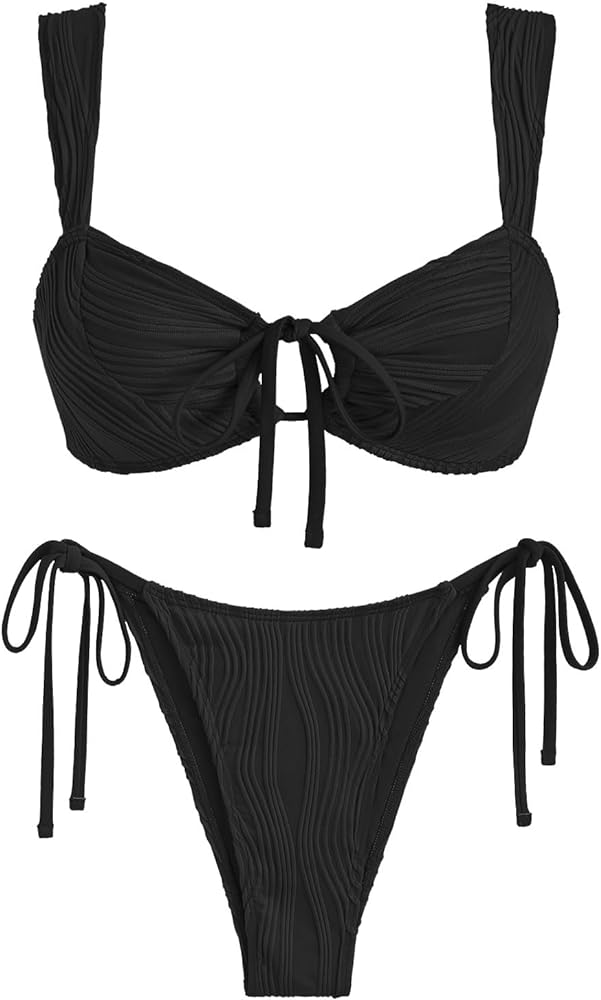 ZAFUL Women's Cinched Bikini Solid Color Wave Textured Knotted Tied Side Two Piece Swimsuit Bathing Suits