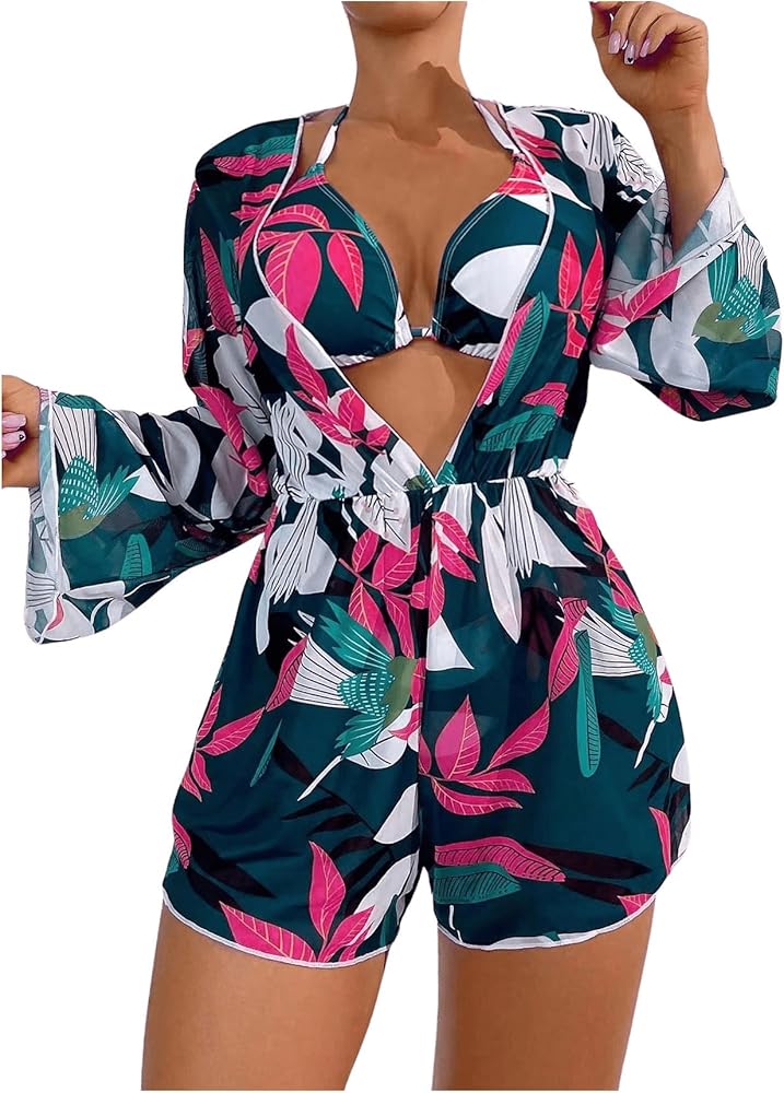 Verdusa Women's Tropical Print Halter Triangle Bikini Set Swimsuit with Cover Up Romper