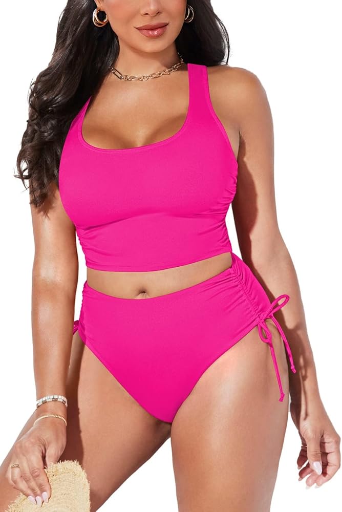 Pink Queen Women's Scoop Neck Racerback Ruched Crop Top High Waisted Bikini Sets 2 Piece Swimsuit Bathing Suit